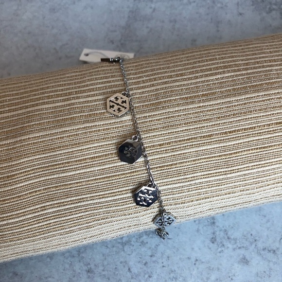 Tory Burch Hexagon Logo Charm Bracelet Silvertone - Picture 8 of 9